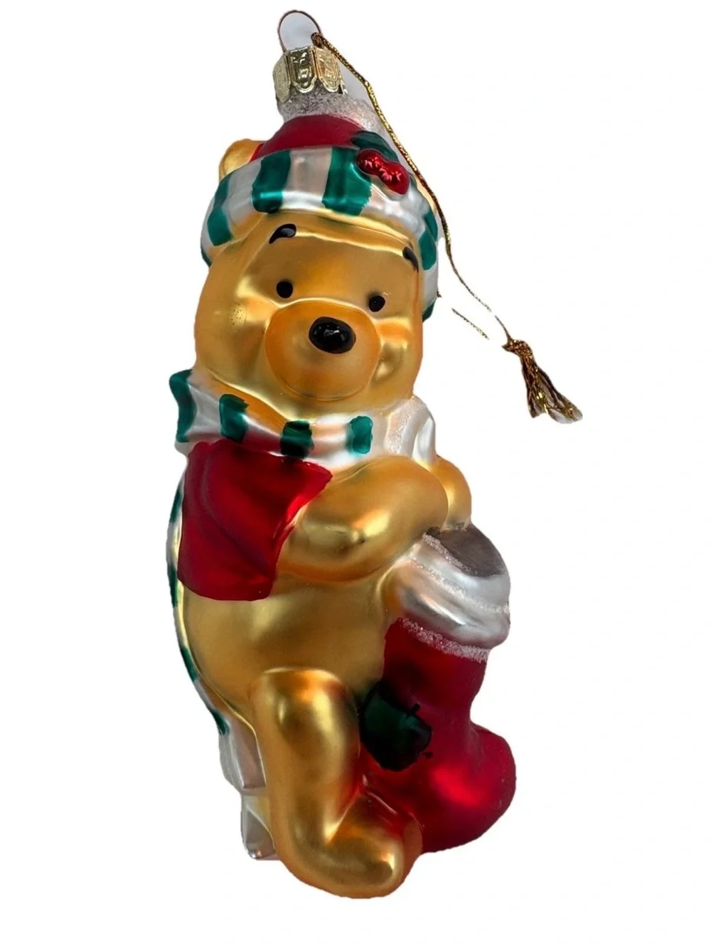 DISNEY Pooh Bear Vintage  CHRISTMAS Ornament Mouth Hand Blown Pooh with Stocking